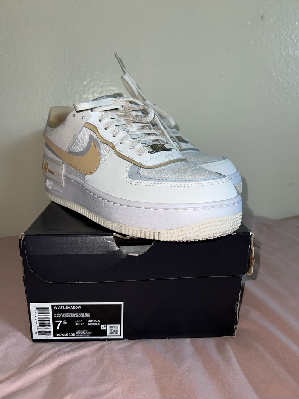 Nike White and Tan Air Force 1 Shadow Sneakers